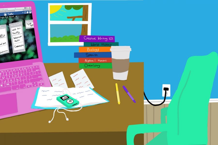 A desk with text books and a laptop