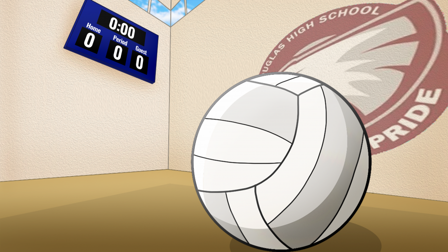 Volleyball sits in the front of the gym's scoreboard waiting for it to be picked up from the players.