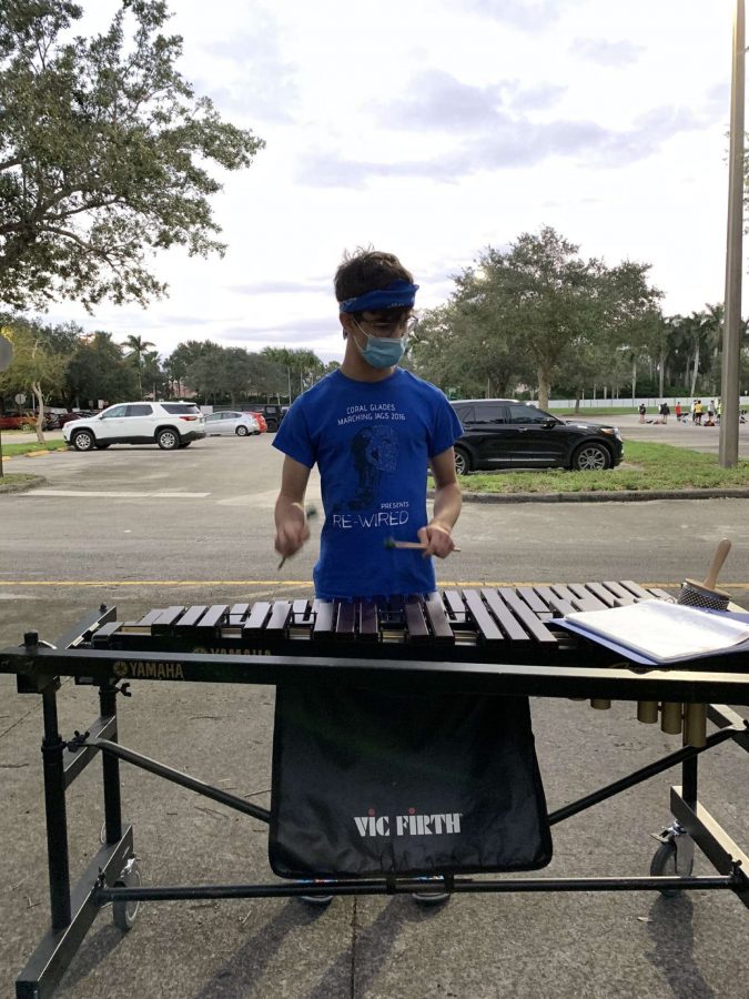 Senior Gabriel Ammirata plays on the marimba for the Eagle Regiment marching band with social distancing guidelines. Photo courtesy of Gabriel Ammirata