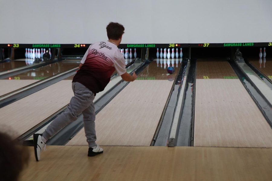 Senior Ryan Terpstra lines up to roll a strike in the baker-style match. This was the determining strike in the game to get the win for MSD.
