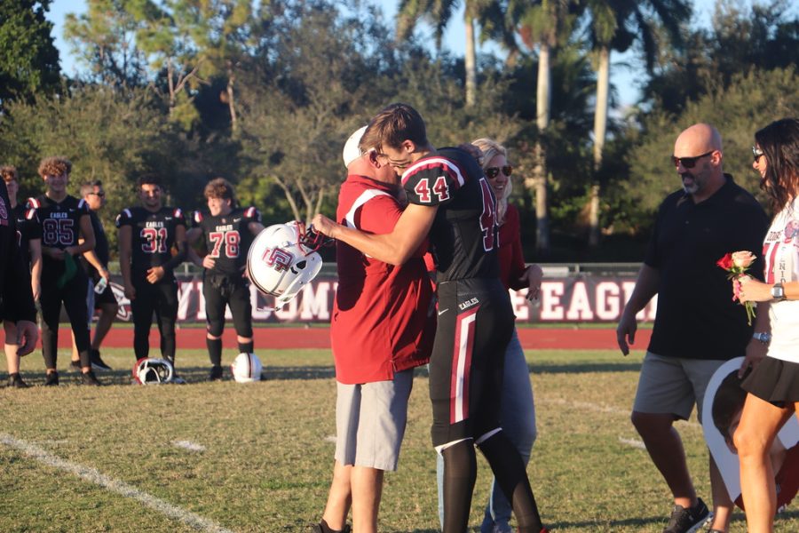 Linebacker Zachary Kracjczewski (44) gets recognition as one of the MSD varsity football team's seniors. The team hosted their Senior Night on their Oct. 29 match against Olympic Heights, celebrating their 25 seniors.