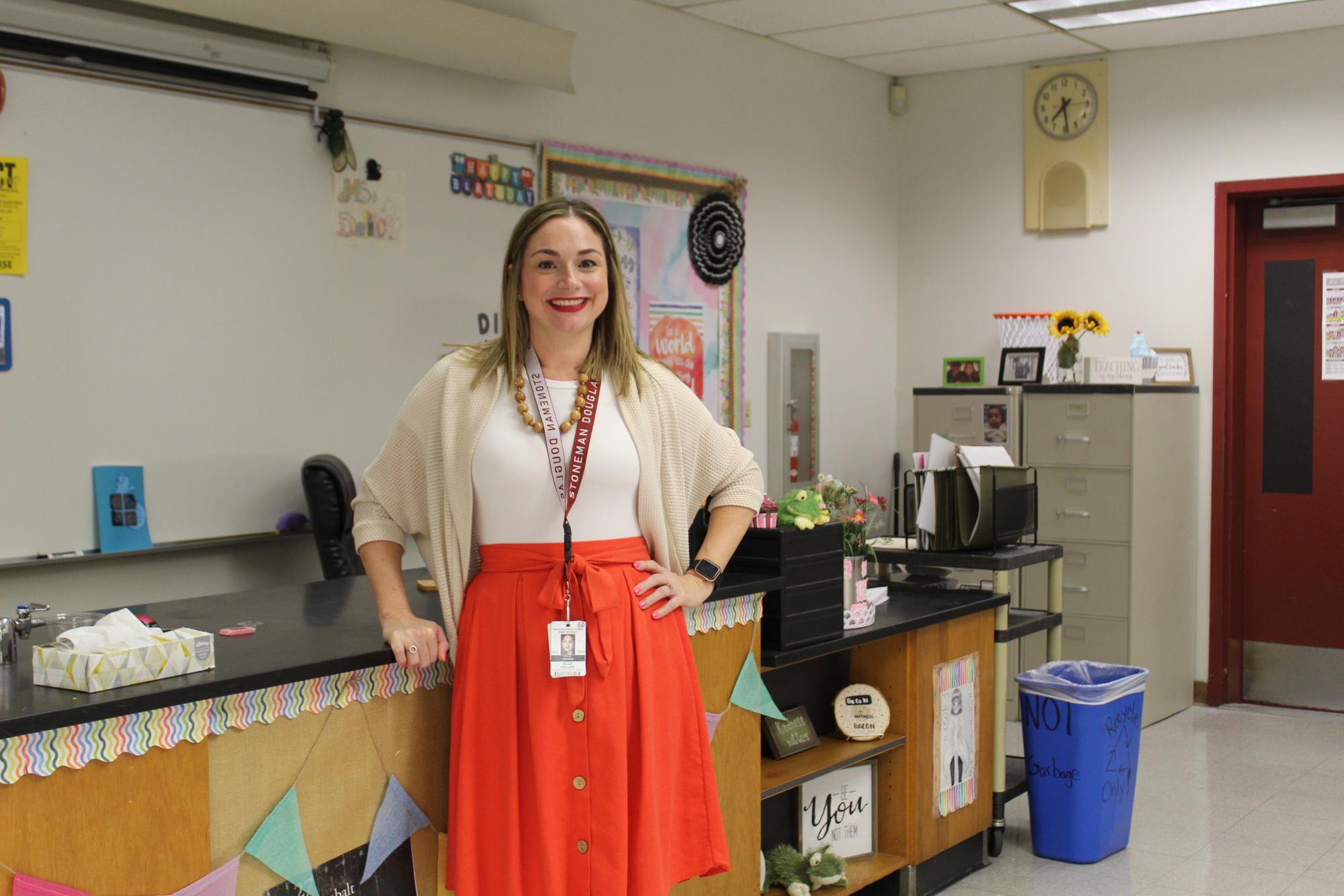 New biology teacher Billie Dollins stands in her newly decorated classroom. She previously worked at Coral Springs Middle School for 18 years and is excited to join the staff at MSD. "After teaching for 21 years, I was ready to do something new and this was just the adventure I was looking for," Dollins said.
