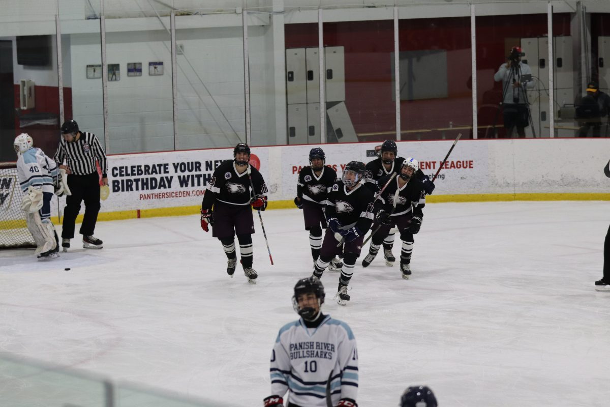 MSD Eagles return back to the team after Center Adam Shelowitz (77) scores against Spanish River High School in the first period of the match. The score made MSD take the lead  with a score of 1-0.
