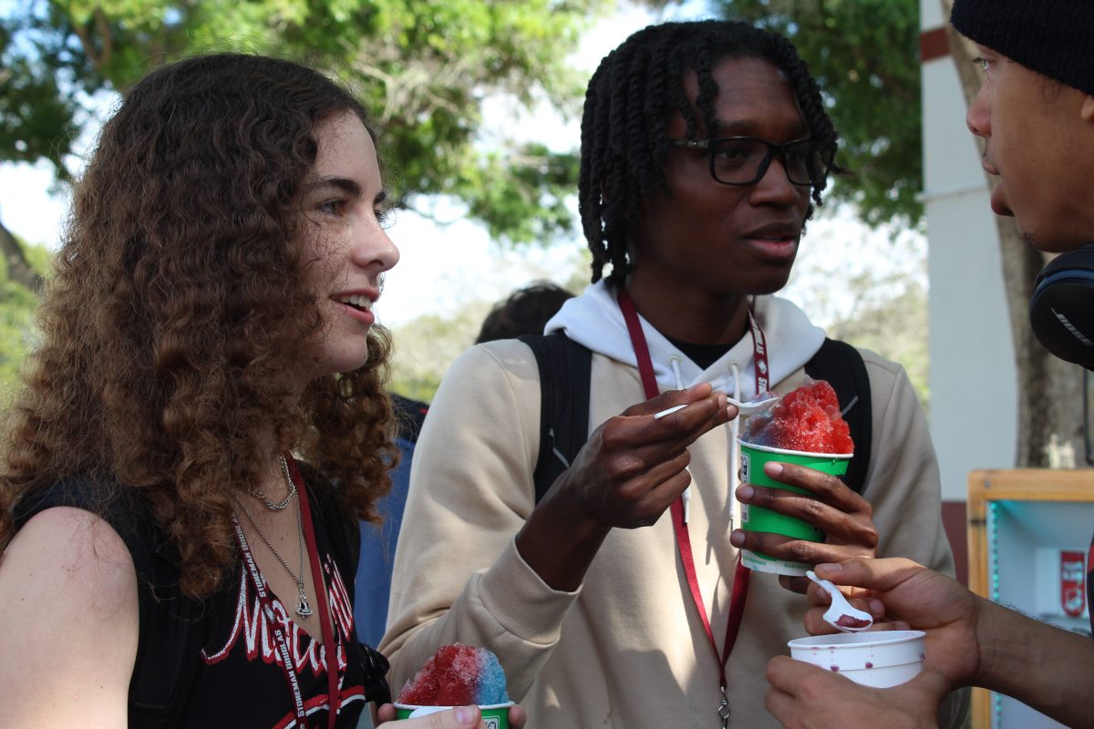 Enjoying their snow cones, junior Heidi Dumke, junior Aydin Blake and senior Josiah Jimenez meet after school in the senior parking lot on March 5. TV Club held a fundraiser with Kona Ice to raise money for the them to purchase film equipment and for the club's productions.