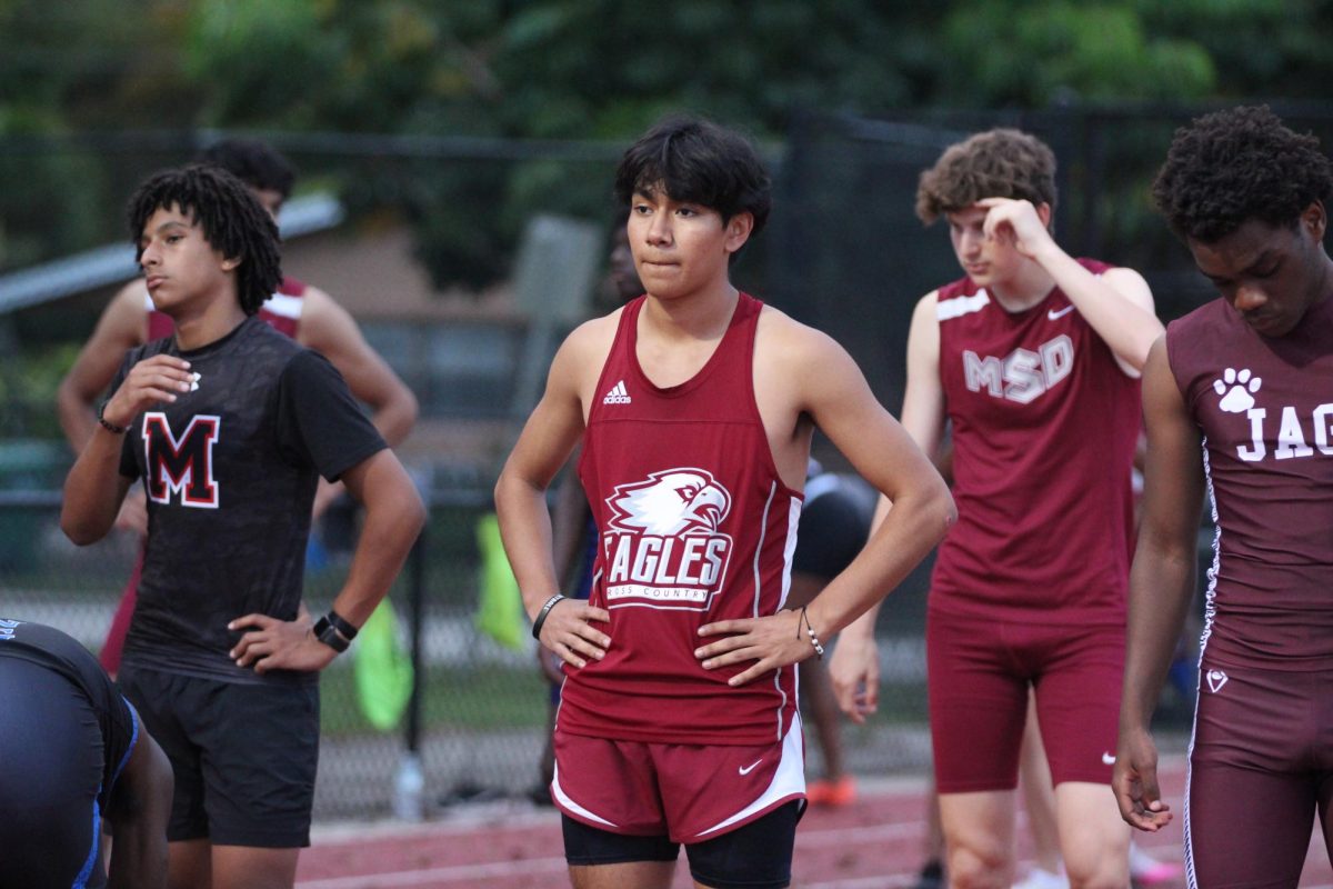 Locked in. Freshman Nicholas Perez stands at the start line awaiting the start of his race. This was at Dillard High School who was hosting an invitational track meet on March 6. Perez was running the 110 Meter Hurdles and earned a time of 24.54. "So usually before a race I get nervous, but I use that when im nervous or afraid im not going to do good or im going to fall. To do the hurdles is a really mental thing so I have to be in the right mindset so I use that nervousness and fear to be my drive. I dont let it get to me completely. I use it as my motivation to not fall and to push myself" Perez said.